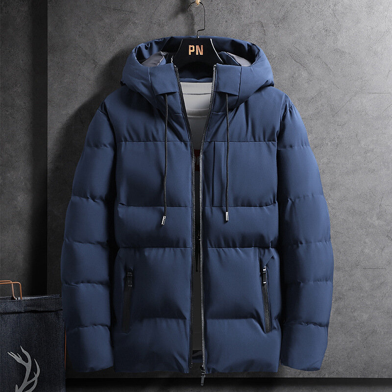 Jaket tebal musim dingin pria, mantel hangat warna polos kasual bertudung Parka empuk ukuran besar 4XL luar ruangan