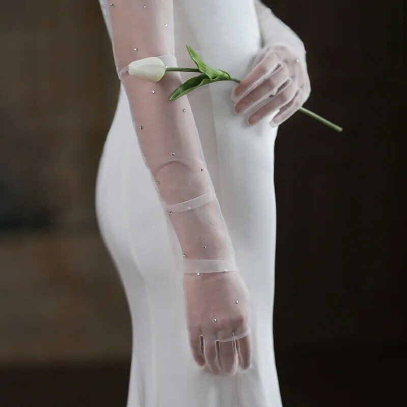 68cm Women White Thin Mesh Transparent Rhinestones Long Gloves Dinner Party Accessories Luxury Etiquette Stage Performance