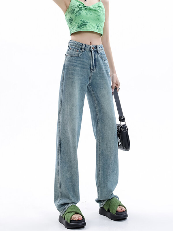 High Waisted Jeans for Women Clothing Blue Black Straight Leg Denim Pants Trousers Mom Jean Baggy Trousers Full Length