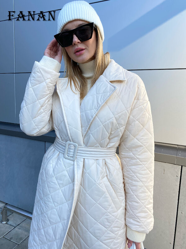 Płaszcz zimowy dla kobiet jednokolorowy ciepły pasek długie parki 2022 modne eleganckie z wzorem w romby kurtki puchowe grube codzienne damskie