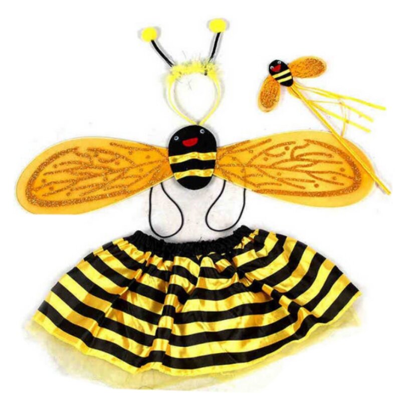 4 pz/set Costume da fata per bambini Set coccinella ape Glitter carino ala a strisce a strati Tutu gonna bacchetta fascia vestire vestito di Halloween