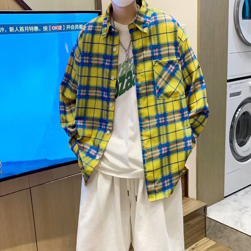 Men Two Piece Sets Streetwear 2023 Summer Spring Plaid Contrast Lapel Long Sleeve Shirt & Pants Korean Fashion Men's Suits X95