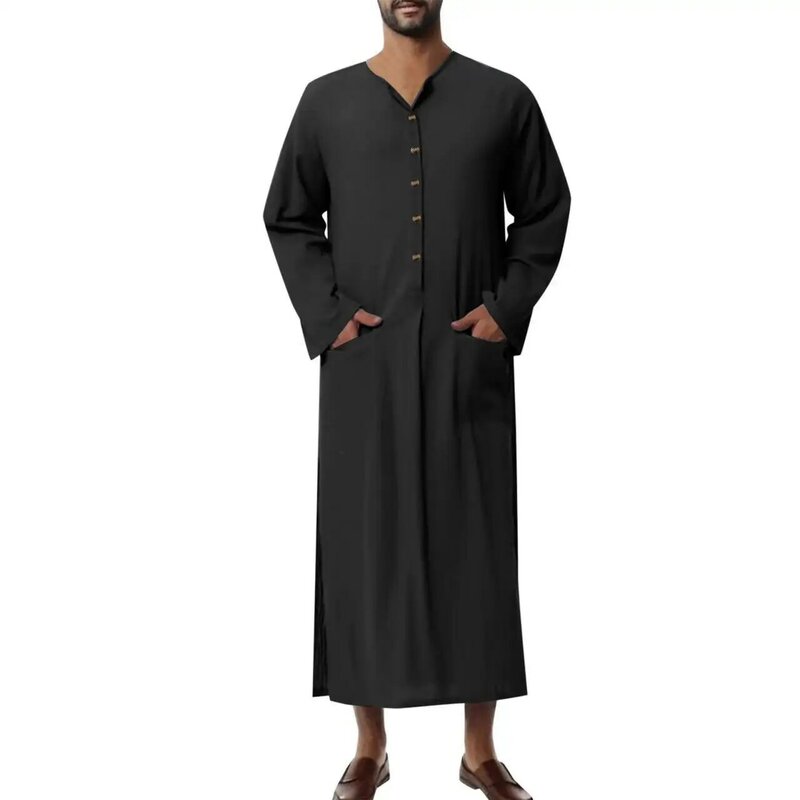 Kaftan Abaya Muslim pria, baju Kaftan kantong padat leher V lengan panjang Vintage pria Arab Islam Asia Tenggara Kaftan Abaya kasual