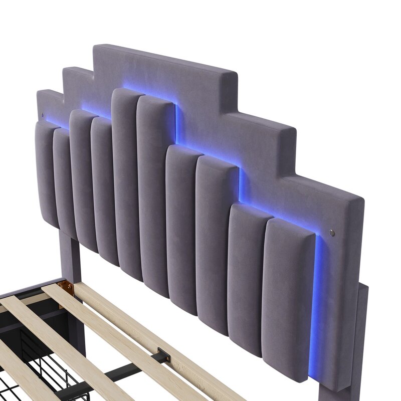 풀 사이즈 실내 장식 플랫폼 침대, LED 조명, 서랍 4 개, 세련된 불규칙 금속 침대 다리 디자인, 회색
