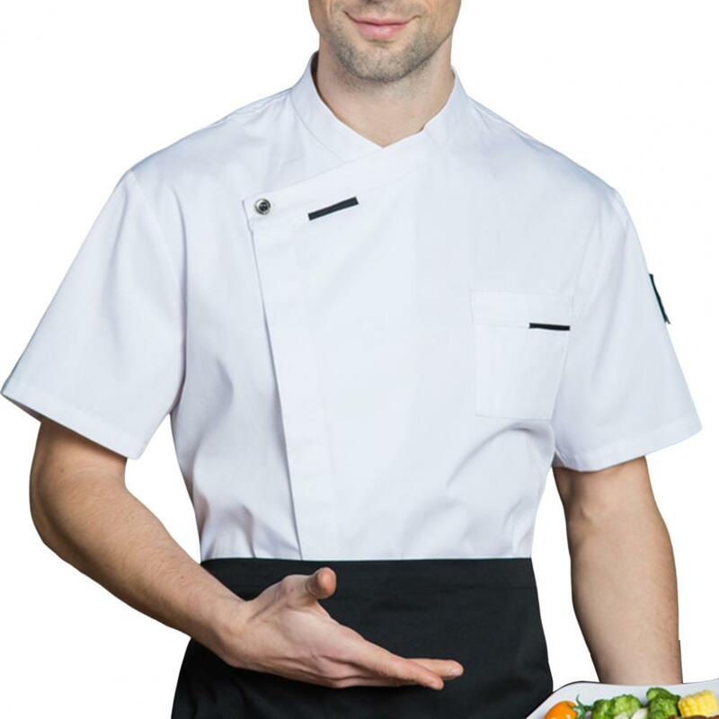 Uniforme de Chef de manga corta, camisa de camarero transpirable, botonadura, resistente a las manchas, absorbe el sudor, uniforme de panadería