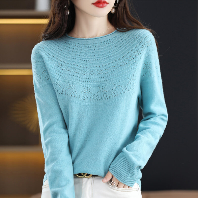 Suéter de cuello redondo sin costuras para mujer, suéter de punto hueco que combina con todo, estilo occidental, otoño e invierno, 2022