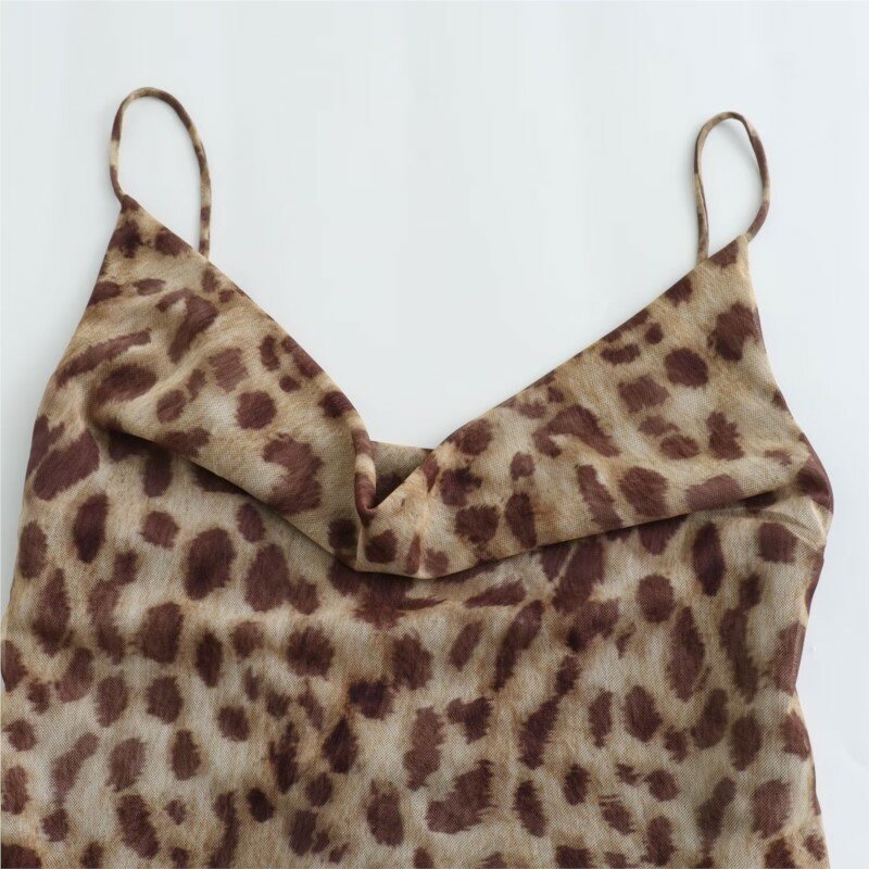 TRAF-Vestido longo com estampa leopardo feminino, alça de ombro fina, ajuste fino, cintura alta, sexy, casual, primavera, verão, novo, 2024