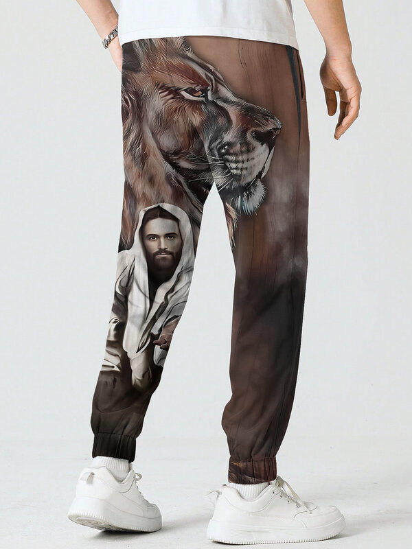 Calça Harajuku casual masculina, calça solta, calça estampada em 3D, faixa hip-hop, corredor social, Deus Jesus, leão havaiano, vintage