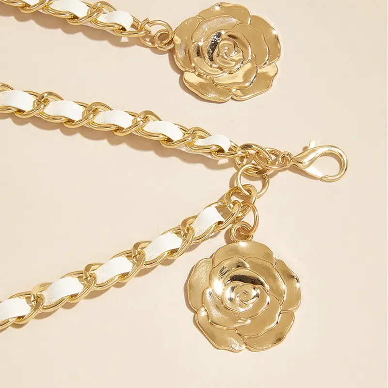 Cinturones de cadena de Metal de alta calidad para mujer, colgante de flores redondas, correa de cadena, cuerda, pretina fina, vestido, camisa, decoración