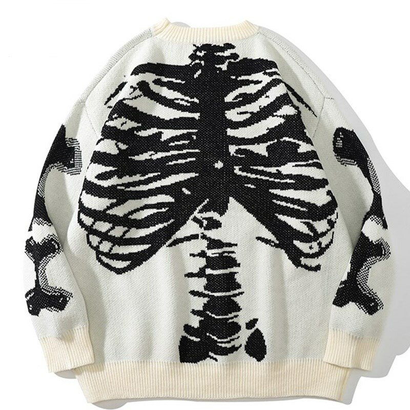 Men Oversized Sweater Black Loose Skeleton Bone Print Women Vintage Retro Knitted Sweater 2021 Autumn Cotton Pullover Unisex