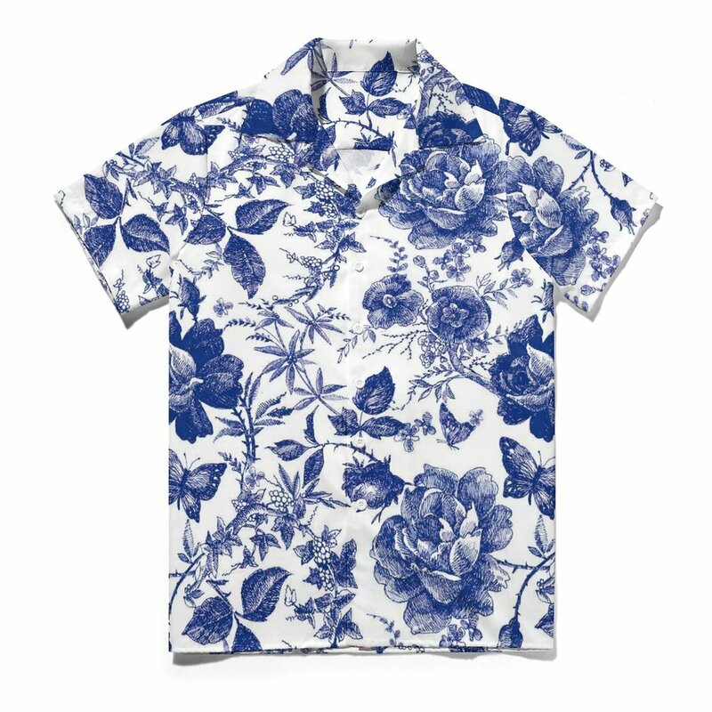 Camisa de praia borboleta masculina, vintage, flor azul havaiana, casual, blusas estéticas, tops estampados de manga curta, tamanho grande