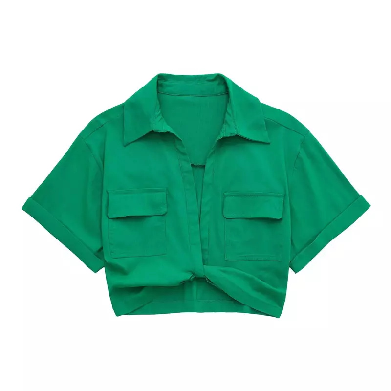 Новинка лета 2023, Женская стильная короткая льняная блузка с карманами и заплатками, Женская шикарная Укороченная рубашка-кимоно LS1376