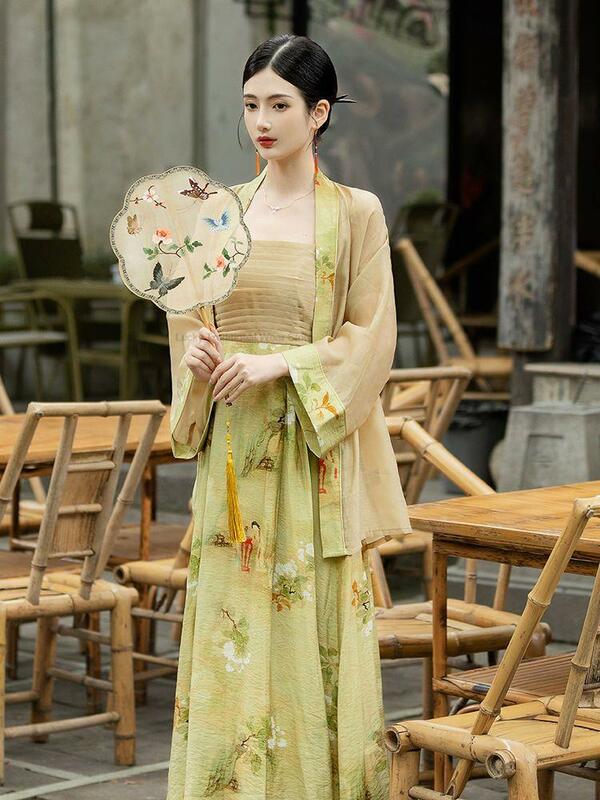 Hanfu Set gaya Cina wanita, baru Qipao kardigan cetakan gaya, baju Suspender harian dua potong P1