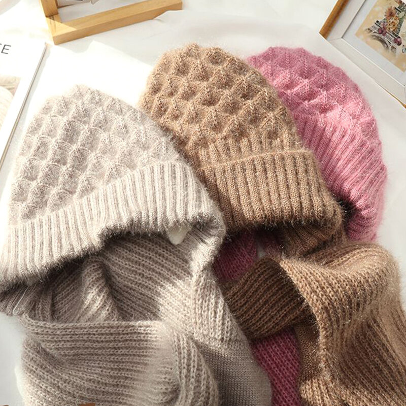 Women Warmer Integrated Hat Scarf Winter Thickened Wool Knitted Fleece Lined Ear Protection Hooded Scarf Outdoor Ski Beanie Caps