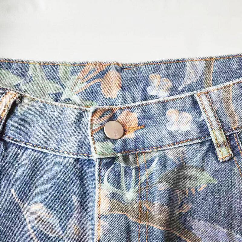 Мужские Модные джинсы с принтом 2024, весенние брюки из денима с цветочным принтом, уличные свободные джинсы в Корейском стиле хип-хоп с широкими штанинами