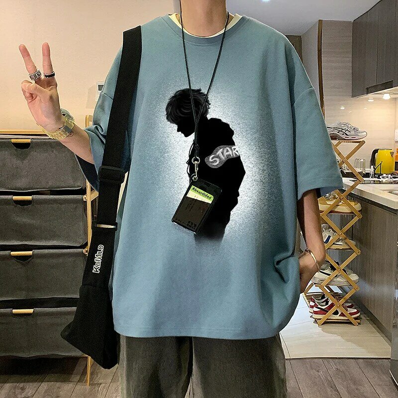 Estrela gótica masculina com camiseta gráfica, camiseta de algodão respirável de manga curta, moda streetwear com o pescoço, verão, moda Y2K