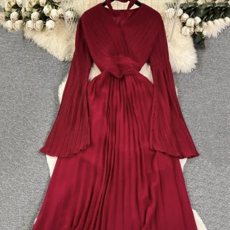 Robe de Rhélégante pour femme, licou à manches longues, soirée formelle simple, quelle que soit la ligne A, longueur de rinçage, robes de soirée