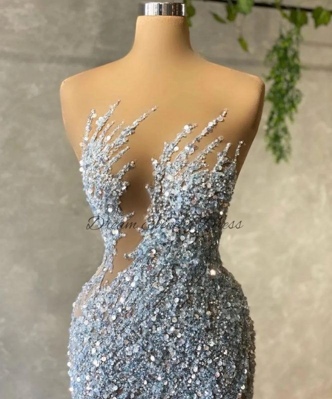 Gaun malam impian elegan 2023 payet renda biru gaun Prom putri duyung gaun acara Formal perspektif manik-manik seksi