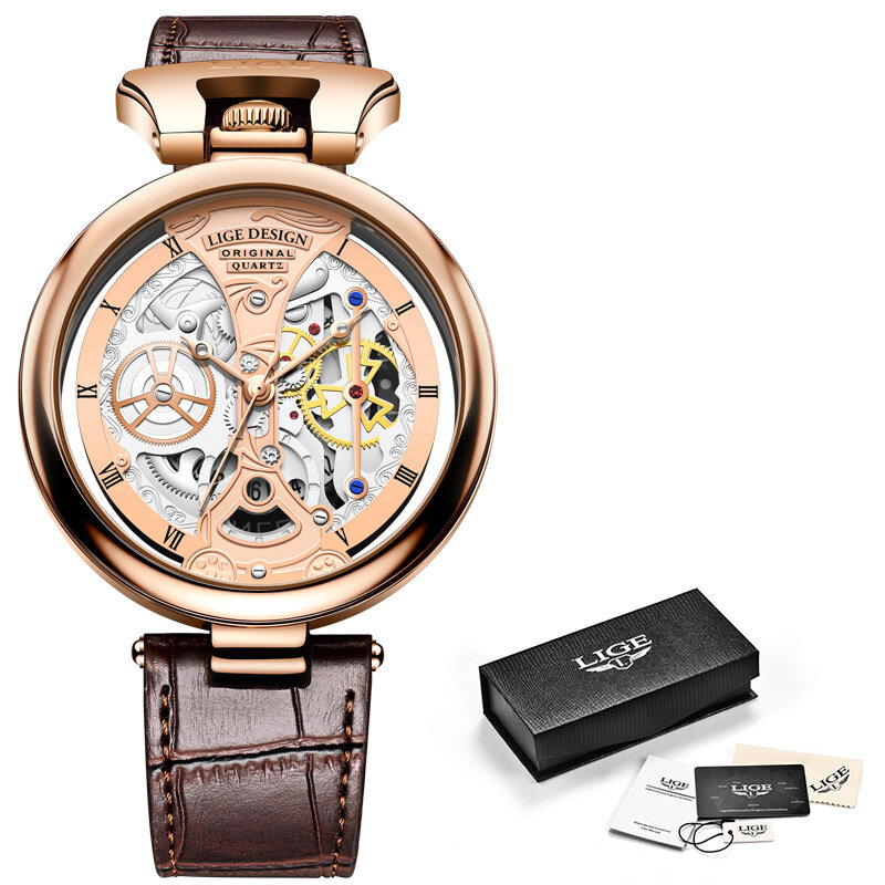 LIGE kreatywne zegarki kwarcowe modne na co dzień wodoodporne Auto datowanie skórzany zegarek męski luksusowy zegarek dla mężczyzn Relogio Masculino + Box