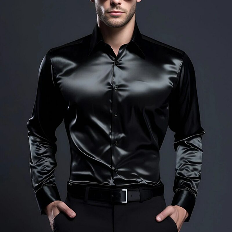 Fashionable Satin Silk Men's Dress Shirt Slim Fit Long Sleeve Perfect for Parties and Special Occasions (108 characters)