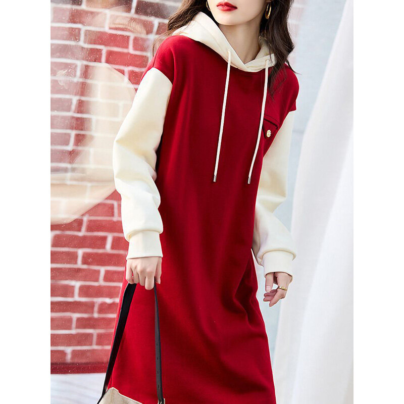 Moda con capucha empalmado suelto falso dos piezas vestidos casuales ropa femenina 2023 otoño nuevas grandes mini vestido coreano