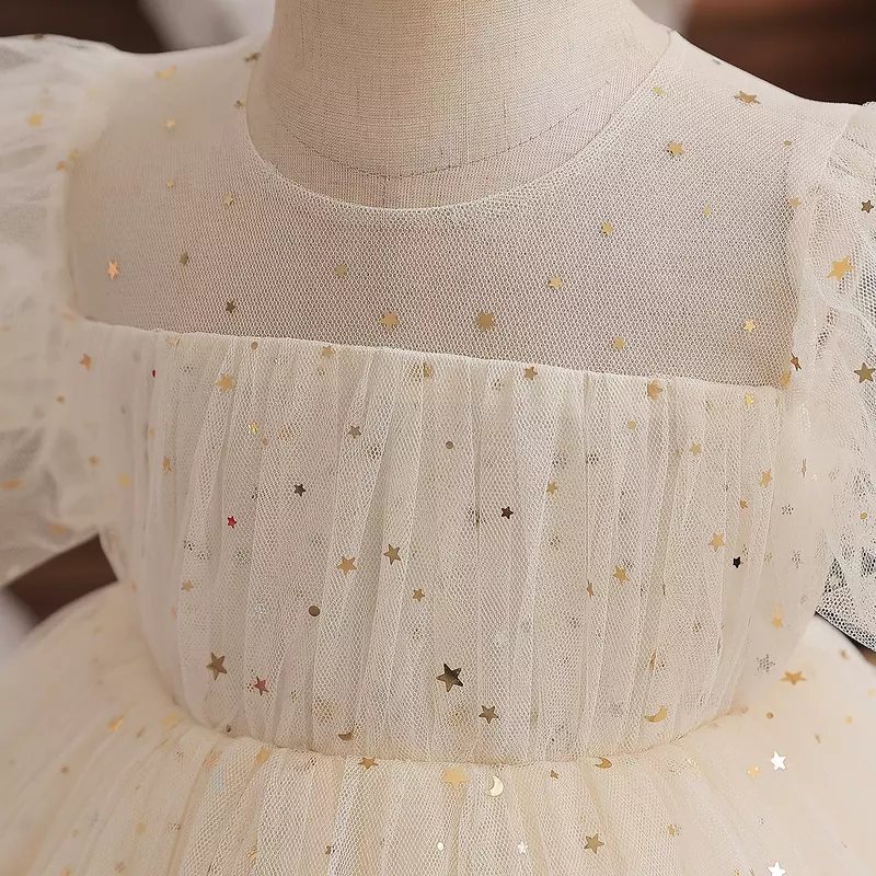 Gaun Pesta Putri Anak Perempuan Balita Pakaian Ulang Tahun Pertama Sampanye Bayi Gaun Tutu Manik-manik Lengan Puff Musim Panas Anak-anak Pakaian Gala Anak Perempuan