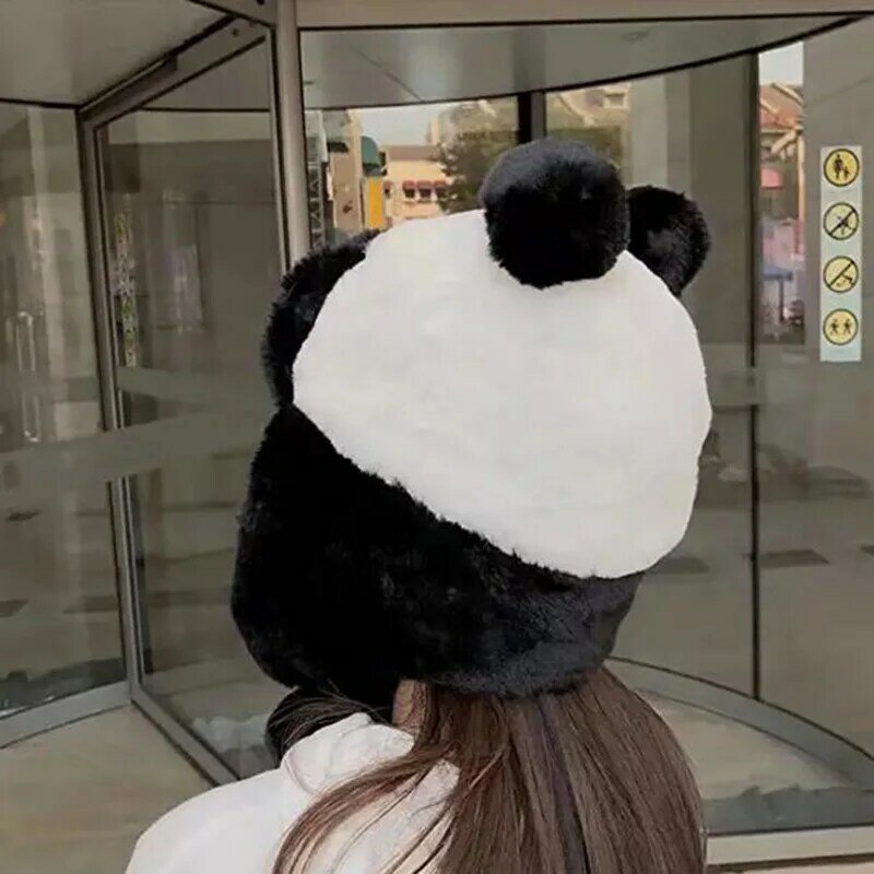 Warm Winter Cute Panda Bear Hat Trapper Caps Black White Hats Soft Plush Animal Helmet Cap Christmas New Year Gift Hat for Adult