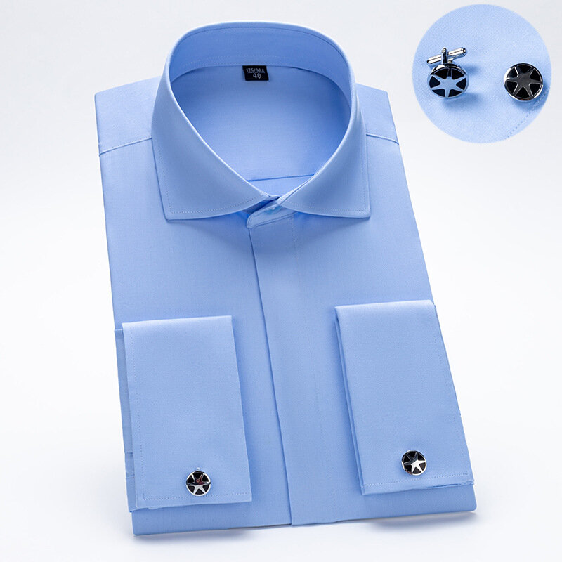 Windsor Kraag Franse Manchet Jurk Shirt Mode Heren Lange Mouw Luxe Zakelijke Formele Overhemden Met Knoop Manchetknoop