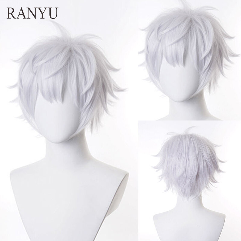 Ranyu branco peruca de cabelo curto em linha reta anime sintético fibra alta temperatura para festa cosplay
