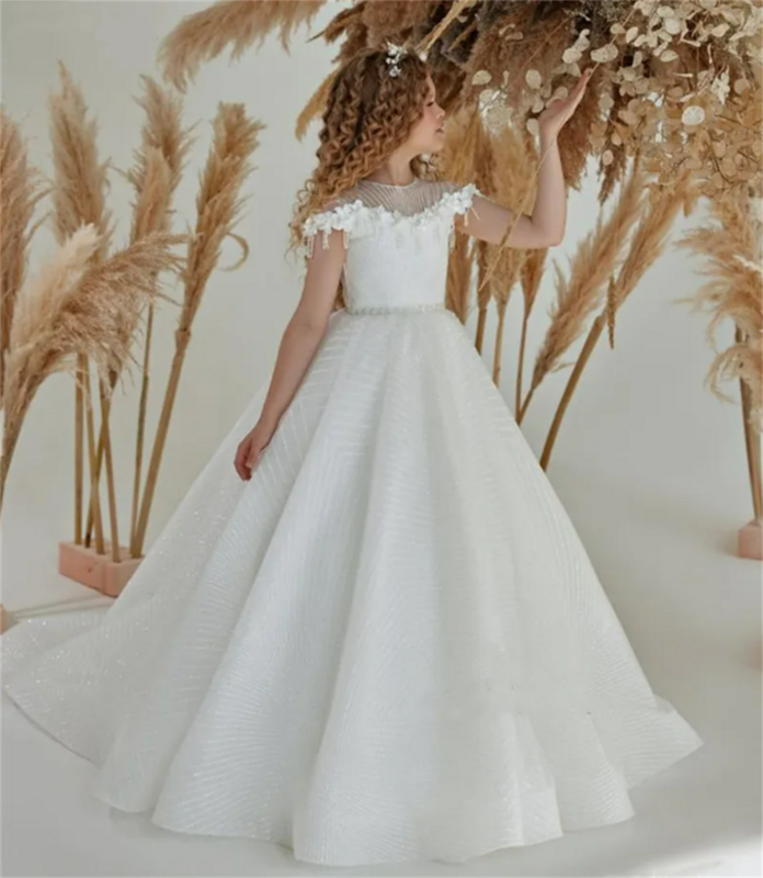Gaun bunga anak perempuan putih renda berkilau renda noda halus Applique rumbai bunga cantik pernikahan gaun pesta Prom solid anak-anak