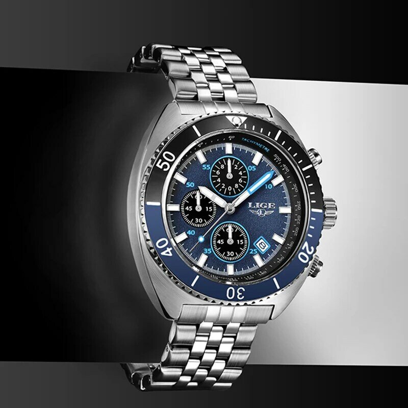 Часы наручные LIGE Мужские кварцевые с хронографом, модные брендовые люксовые спортивные, с браслетом из нержавеющей стали, 2023