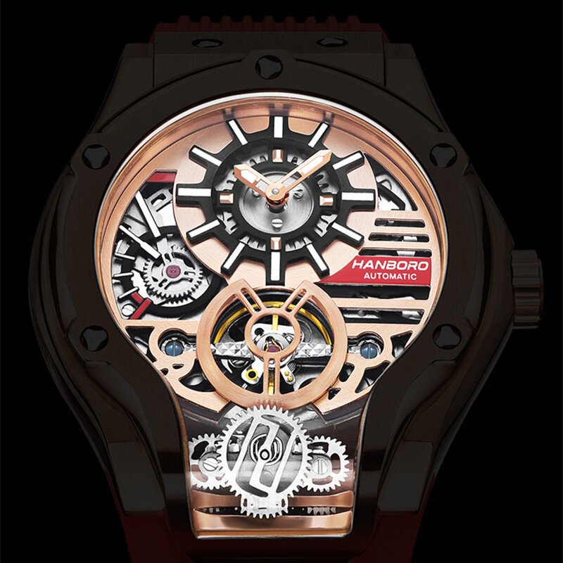 HANBORO รถ Mechanic นาฬิกาหรูหรานาฬิกาผู้ชายนาฬิกาข้อมือ Earth Skeleton Flywheel นาฬิกา Orologio Uomo