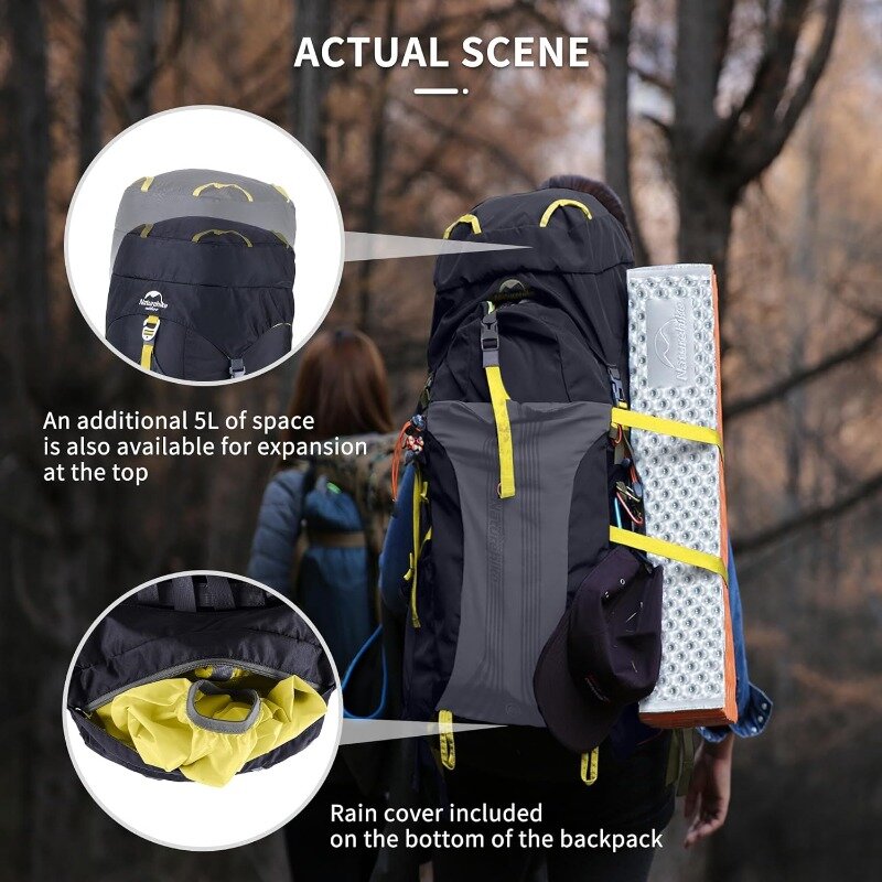 กระเป๋าเป้สะพายหลังเดินทางกระเป๋าเป้สะพายหลังสำหรับเดินป่าแคมป์ปิ้งภูเขาแบกเป้กันน้ำที่บังฝนรวม-สีดำ