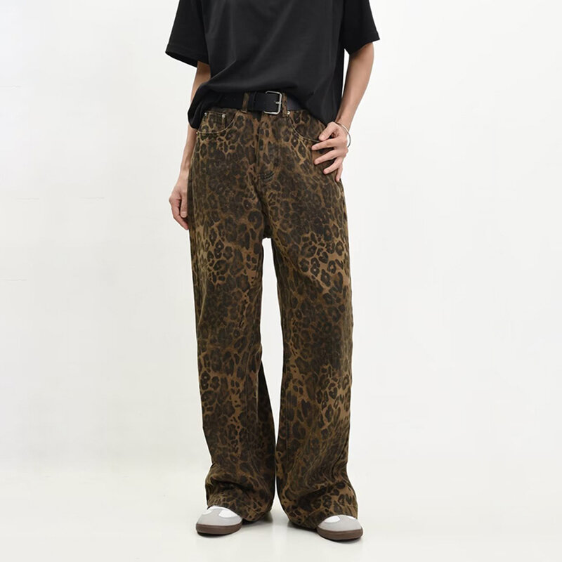 Tan Leopard Jeans Wanita & Pria celana Denim wanita kebesaran celana panjang kaki lebar pakaian jalan Hip Hop Vintage katun longgar kasual