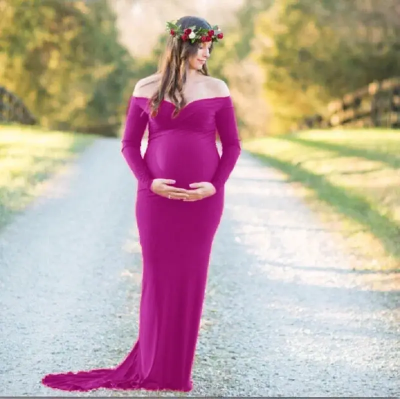 Vestido de maternidade fora do ombro para sessão fotográfica, feminino slim cross-front, decote em v, mangas compridas, vestidos fotoshoot, chuveiro de bebê