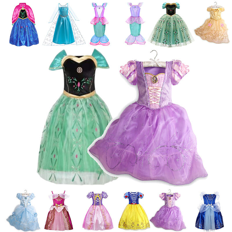 DISNEY Girls Princess Dress Kids Elsa Anna Snow White Aurora Sofia Rapunzel Cinderella Halloween Costume Children Birthday Party