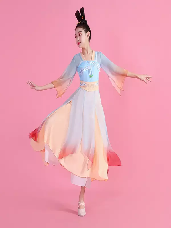 子供のクラシックダンスコスチューム、エレガントなガーゼドレス、女の子のためのトレーニングドレス、中国ダンス