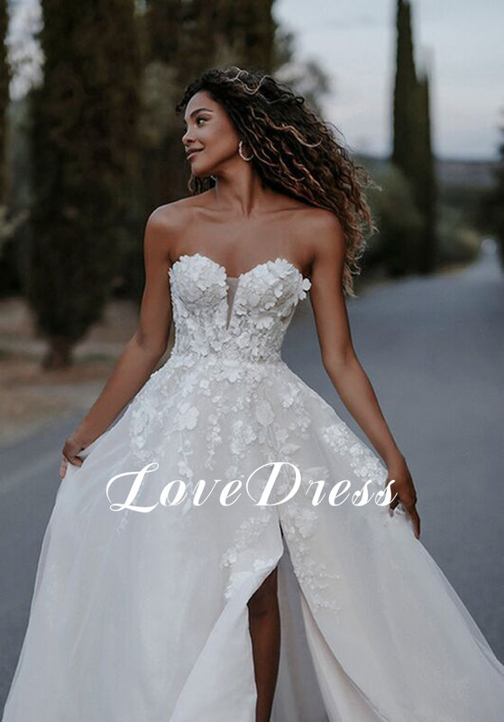 LoveDress gaun pernikahan manis lengan dapat dilepas applique renda belahan samping gaun pengantin garis A pantai gaun pengantin punggung terbuka kancing kereta