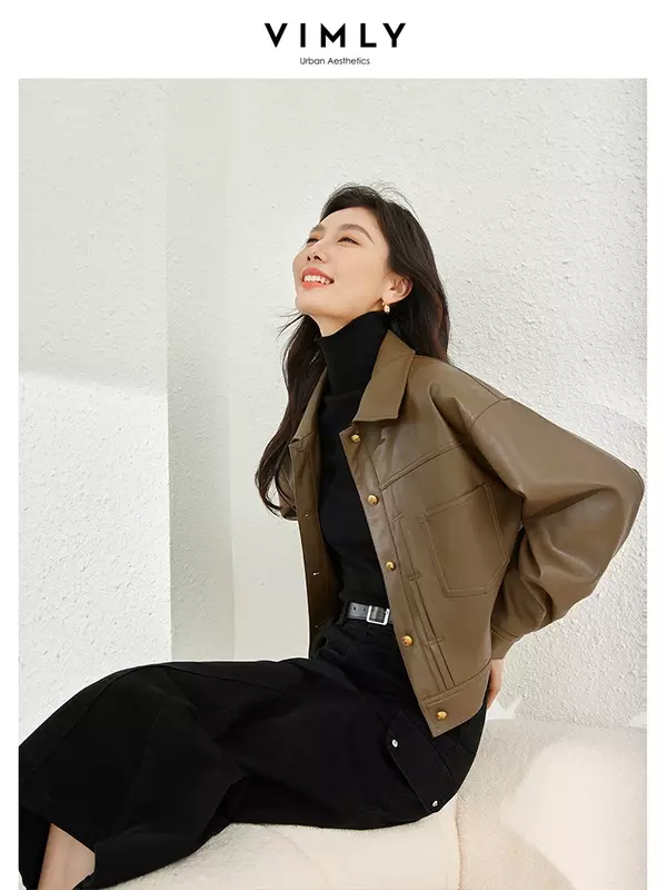 Vimly Women's Faux Leather Motorcycle Jackets 2023 Autumn Winter Lapel Short Brown Pu Leather Coats Female Clothing 16087