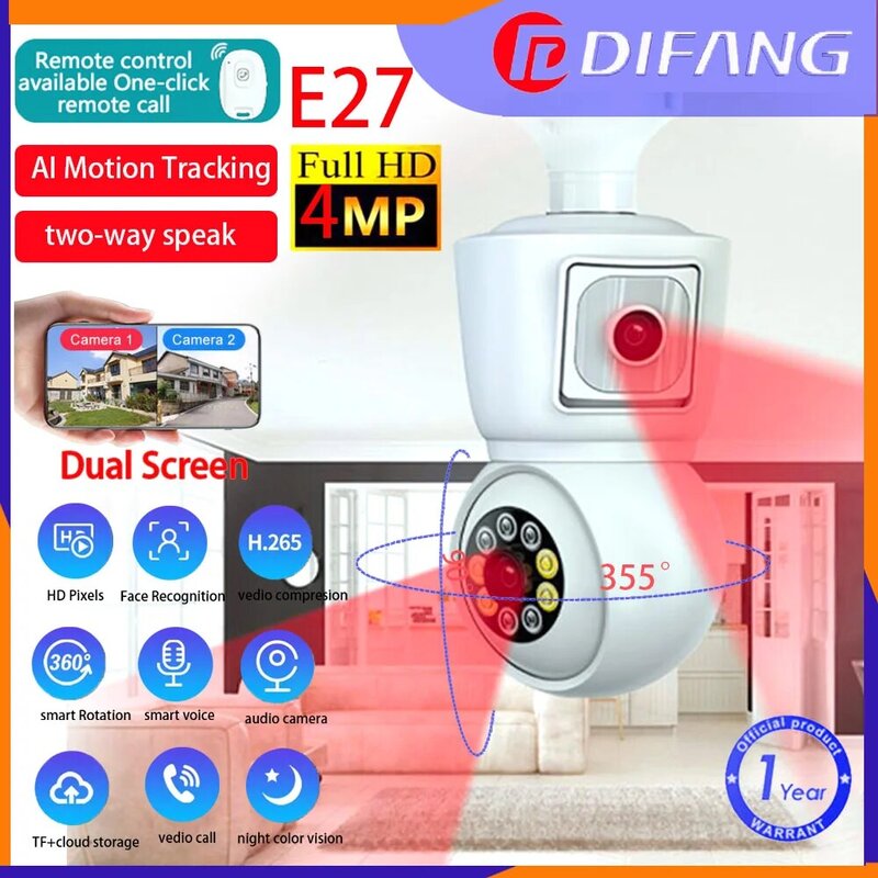 Difang 4MP E27 podwójny obiektyw bezprzewodowa kamera żarówka, dwukierunkowe Audio, detekcja ruchu, zdalne sterowanie dźwiękiem, kolorowy noktowizor, Alarm