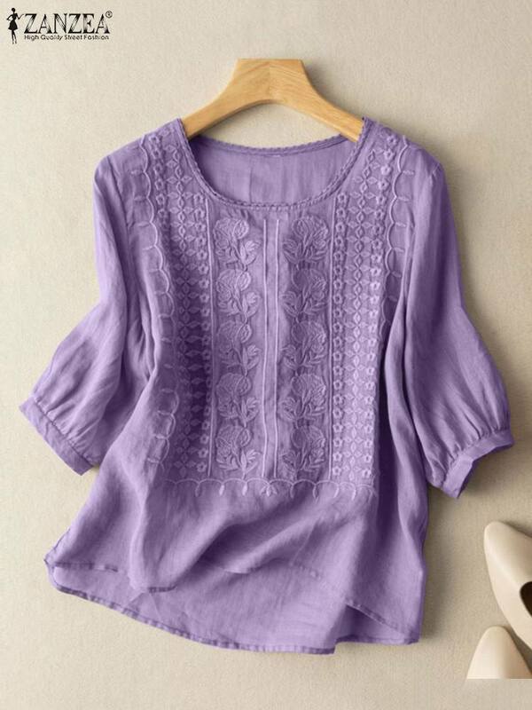 ZANZEA-Blusa holgada de algodón con manga 3/4 para mujer, camisa informal con cuello redondo y bordado Floral, para el trabajo, para verano