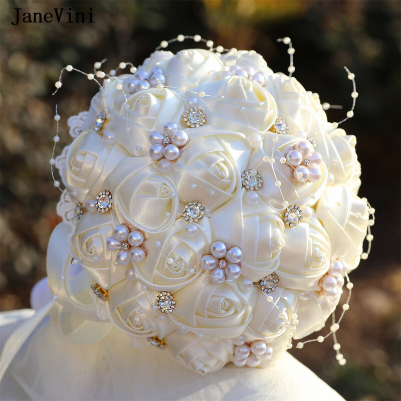 JaneVMini-Marfim Bridal Broche Buquês, Pérolas Cristais, Artificial cetim Rosas, Bridesmaid Bride Bouquet, Flor para casamento, Elegante