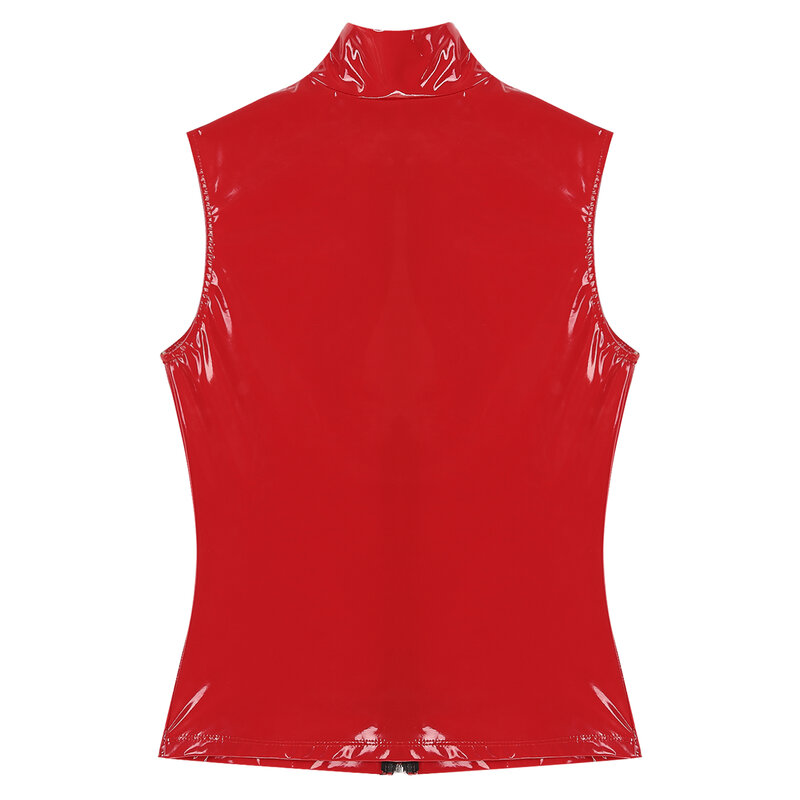 Womens Wet Look Patent Leather Sleeveless Jacket Pole Dancing Stand Collar Front Zipper Vest Tops Clubwear Stage Performance