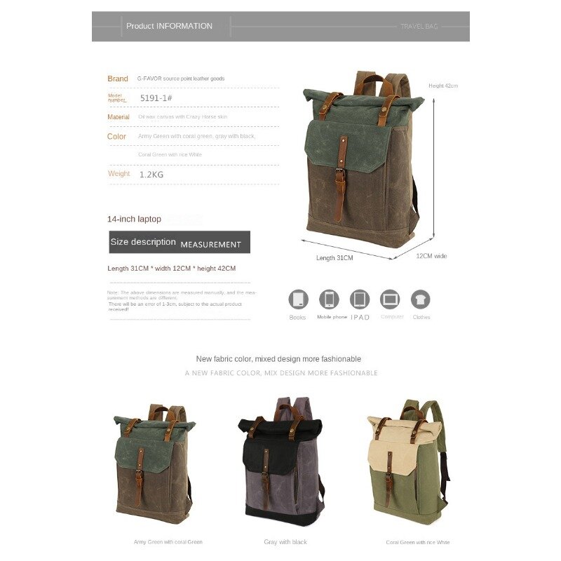 Travel Backpack Men's Canvas Backpack Horse Leather High-capacity Retro Waterproof Outdoor Bags
