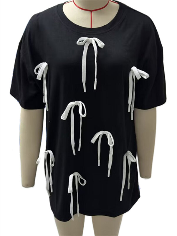 Tops femininos de manga curta com gola solta, decoração com arcos, camisetas soltas de verão, roupas estéticas, camisetas da moda, streetwear