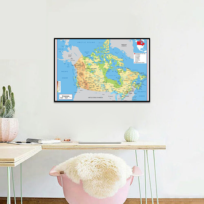 Топографическая карта Канады, подарок для путешествий, школьные принадлежности, офисное украшение для дома, Картина на холсте, необработанная Настенная карта