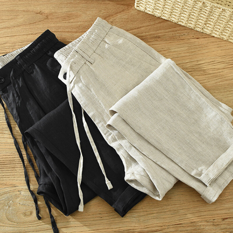 Pantalones Retro informales para hombre, ropa de lino puro, transpirable, suelta, B3582, novedad de verano