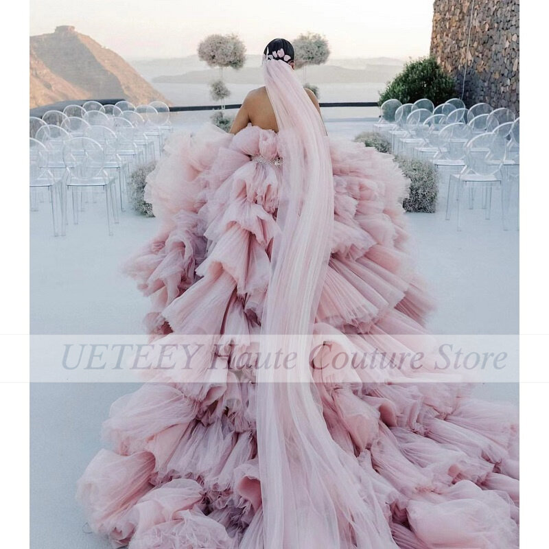 Luksusowe różowe suknie ślubne bez ramiączek bez rękawów wielowarstwowe Sexy suknie na bal maturalny suknia ślubna formalna suknia wieczorowa Vestido De Noiva