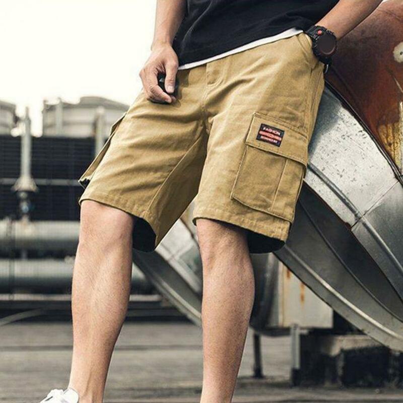 Men Cargo Shorts Loose Solid Color Multi Pockets Men Shorts Straight Mid Waist Quick-drying Knee Length Shorts