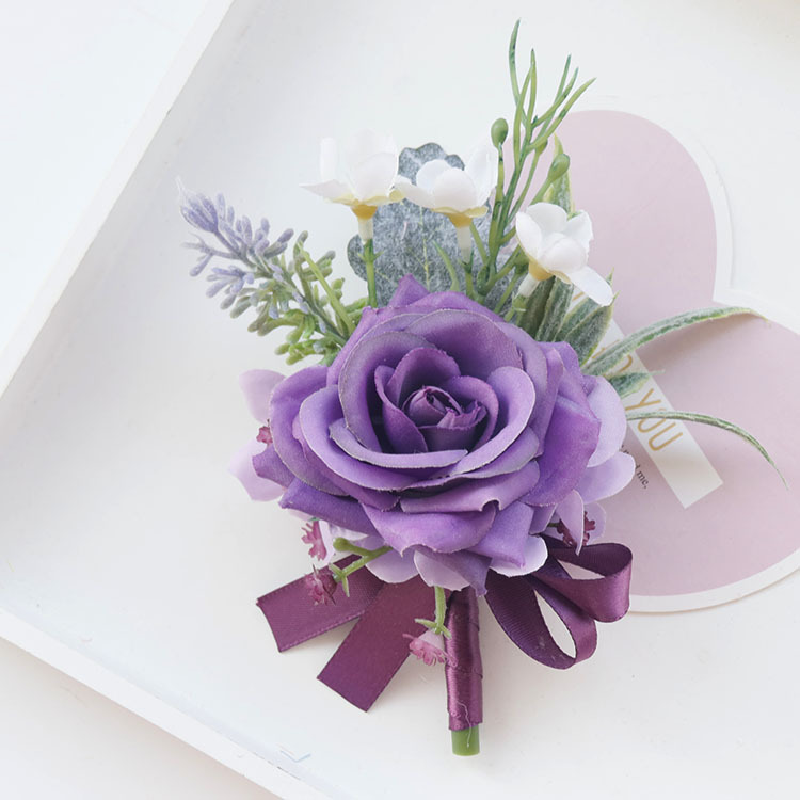 Boutonniere dan korsase pergelangan tangan perlengkapan pernikahan jamuan tamu bunga simulasi pengantin pria dan pengantin bunga tangan ungu